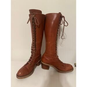 1970s 70s vintage caramel brown lace up knee high boots bort Carleton campus